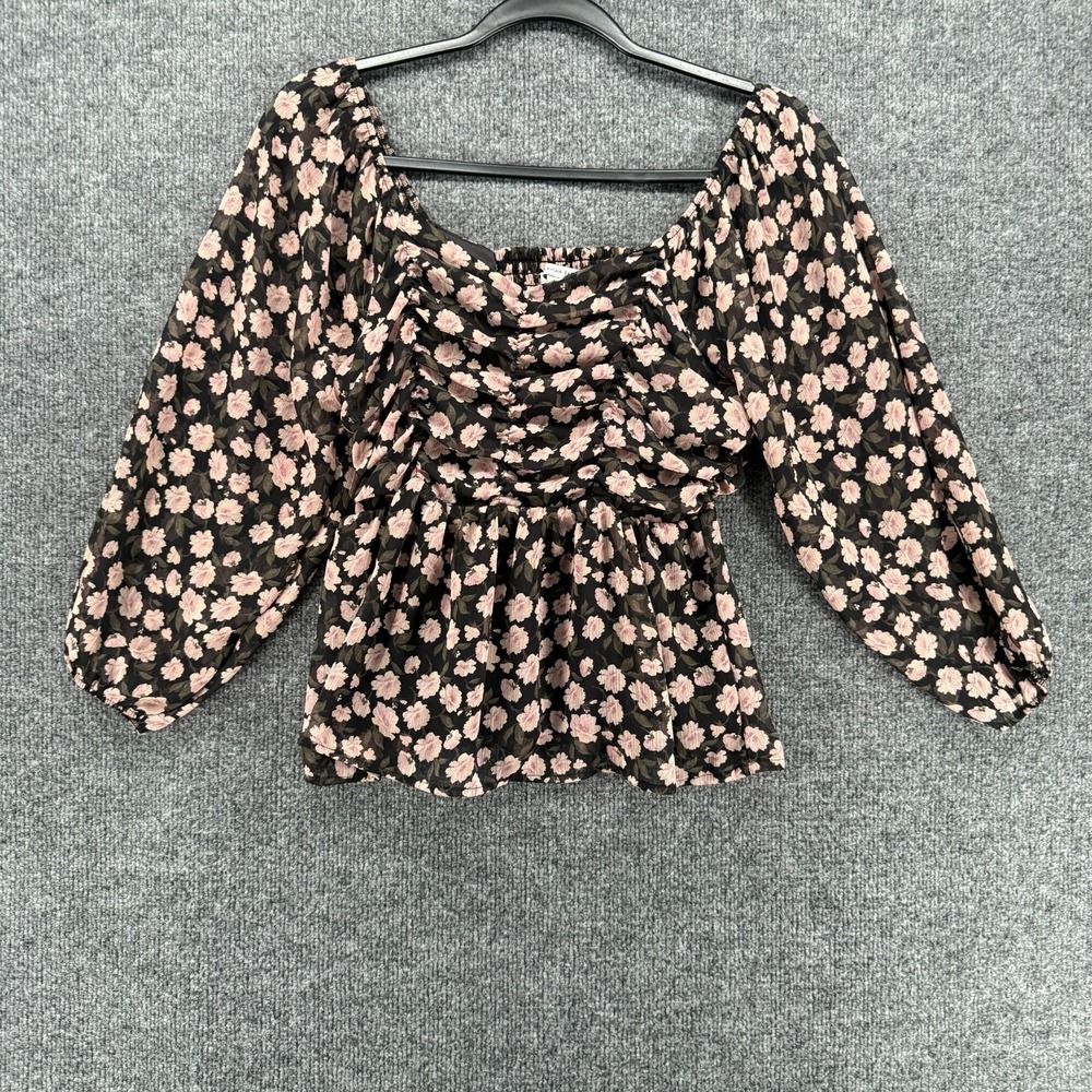 American Eagle Top Womens S Black Floral Babydoll Fairy Boho Cottage Coquette